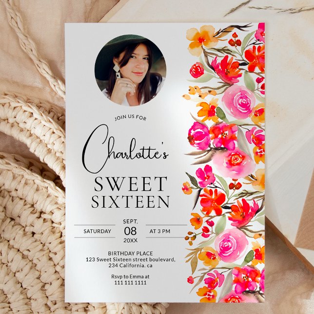Invitación Otoño boho rojo naranja floral foto Cumpleaños 16 (Fall boho red orange floral photo Sweet 16 Invitation)