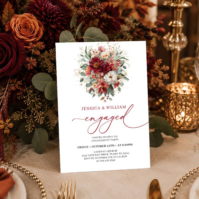 Invitación Otoño Borgoña Flor Terracota compromiso (Autumnal Burgundy Gold Floral Terracotta engagement invitation card

)