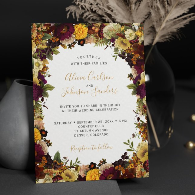 Invitación otoño borgoña moda rústica con flores boda (Subido por el creador)