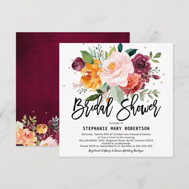 Invitación Otoño Borgoña Rubor Floral Blossom Bridal Shower (Anverso / Reverso)