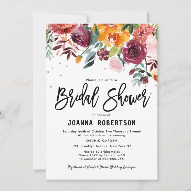 Invitación Otoño Borgoña Rubor Floral Blossom Bridal Shower (Anverso)
