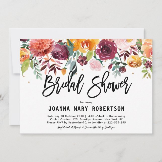 Invitación Otoño Borgoña Rubor Floral Blossom Bridal Shower (Anverso)