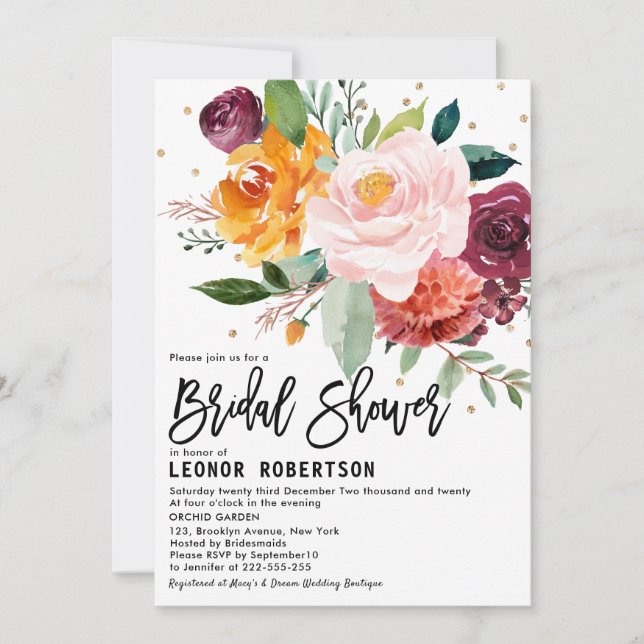 Invitación Otoño Borgoña Rubor Floral Blossom Bridal Shower (Anverso)