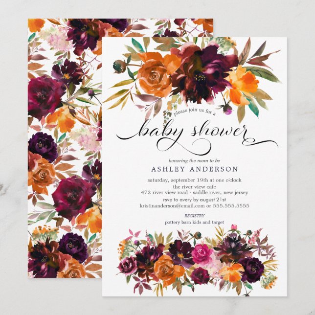 Invitación Otoño Borgoña y Naranja Floral Baby Shower (Anverso / Reverso)