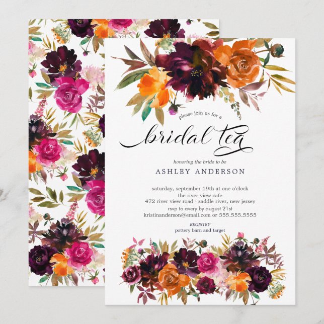 Invitación Otoño Borgoña y Naranja Té de novia floral (Anverso / Reverso)
