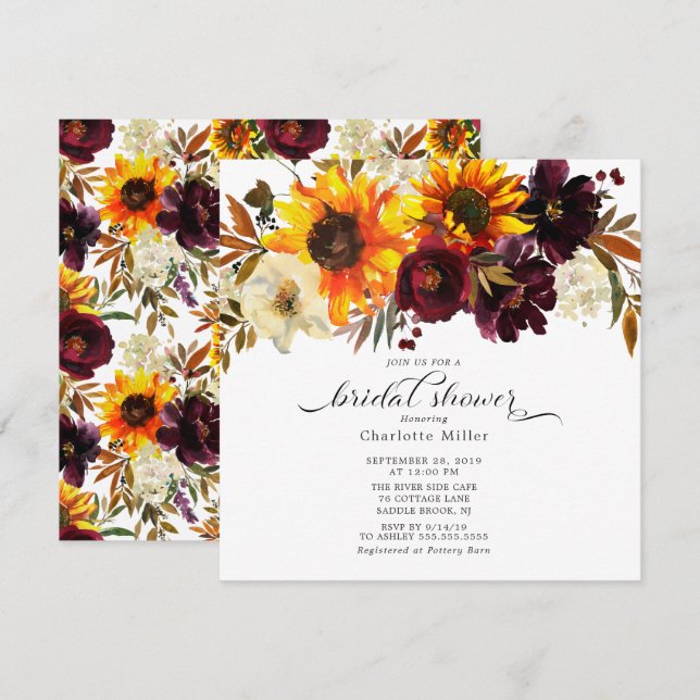 Invitación Otoño Bouquet Sunflowers Floral Bridal Shower (Anverso / Reverso)
