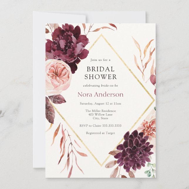 Invitación Otoño Burgundy Floral Gold Frame Bridal Shower (Anverso)