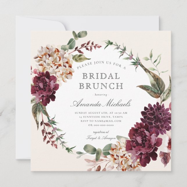 Invitación Otoño Burgundy Floral Wreath Bridal Brunch Shower (Anverso)