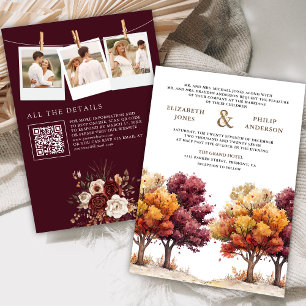 Invitación Otoño Cae Árboles de Borgoña Foto Boda de código Q
