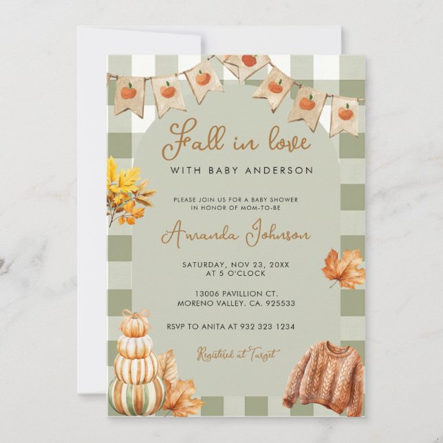 Invitación Otoño Cae en el amor Pumpkin Baby Shower (Anverso)