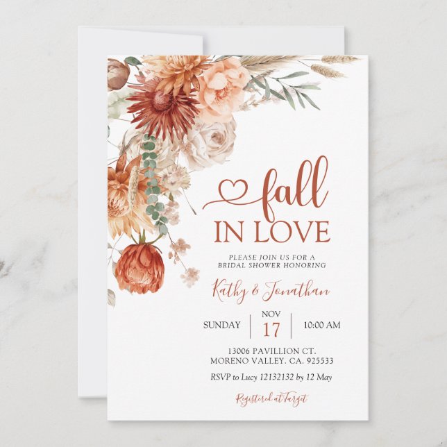 Invitación Otoño Cae Floral Rústica Enamorada Ducha De Novias (Anverso)