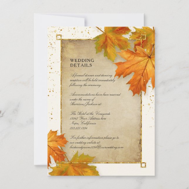 Invitación Otoño Caer Leaf Elegant Wedding Details (Anverso)
