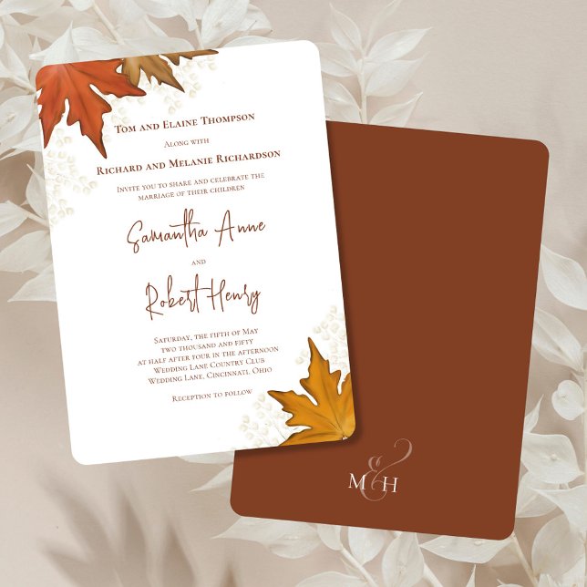 Invitación Otoño Caída Agua Sale Matrimonio Personalizado (Fall leaves watercolor foliage invitations.)
