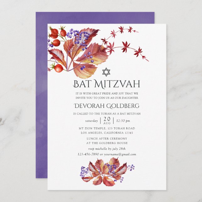 Invitación Otoño - Caída de las hojas de acuarela Bat Mitzvah (Anverso / Reverso)