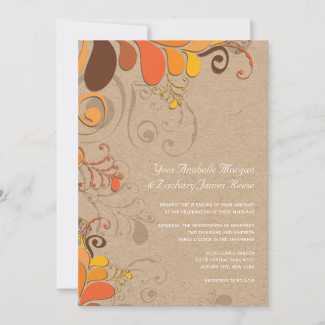 Invitación Otoño Caída Deco Floral Swirls Kraft Boda de papel (Anverso)