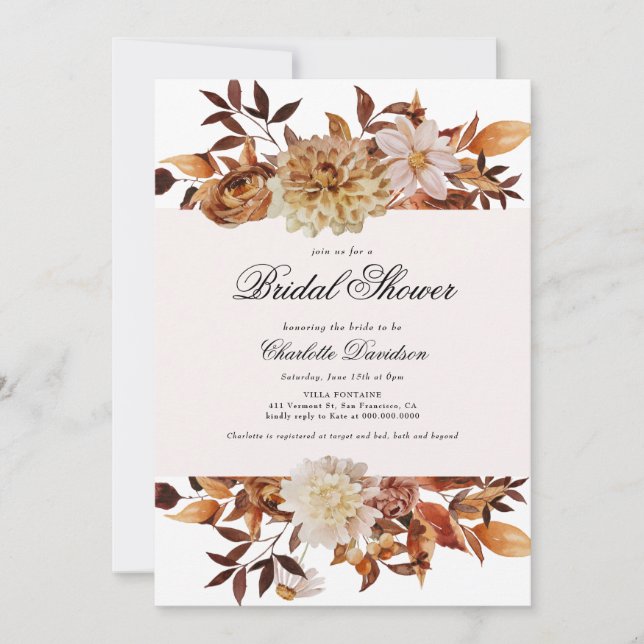 Invitación Otoño Caída Floral Resto Femenino Ducha De Novias (Anverso)