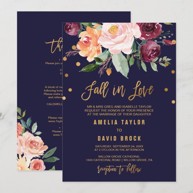 Invitación Otoño Caída Formal Floral Enamorada | Boda de deta (Anverso / Reverso)