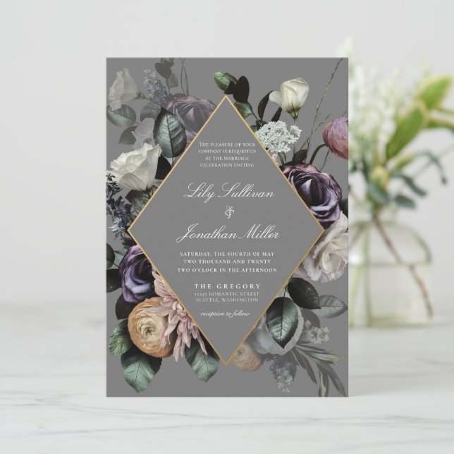Invitación Otoño Caída Moody Marco Floral Boda Gris Púrpura (Anverso de pie)