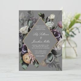 Invitación Otoño Caída Moody Marco Floral Boda Gris Púrpura