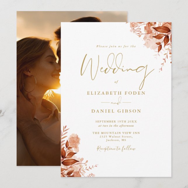 Invitación Otoño Caída Rústica Moda de fotografía floral Boda (Anverso / Reverso)