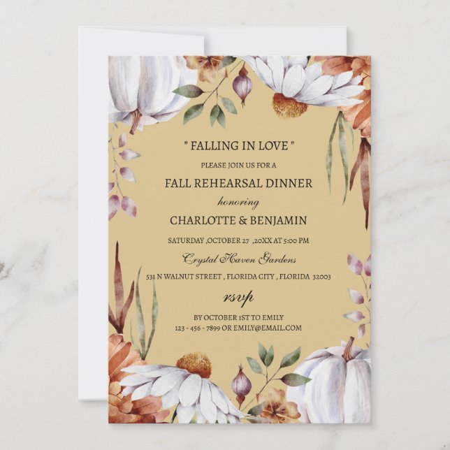 Invitación Otoño Calabaza Calabaza Floral Ensayo Cena (Anverso)