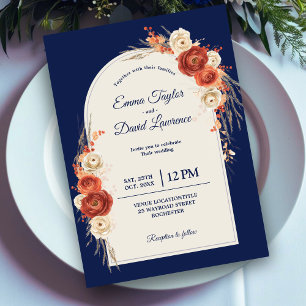 Invitación Otoño Chic Floral Naranja Terracota Azul Marino Bo