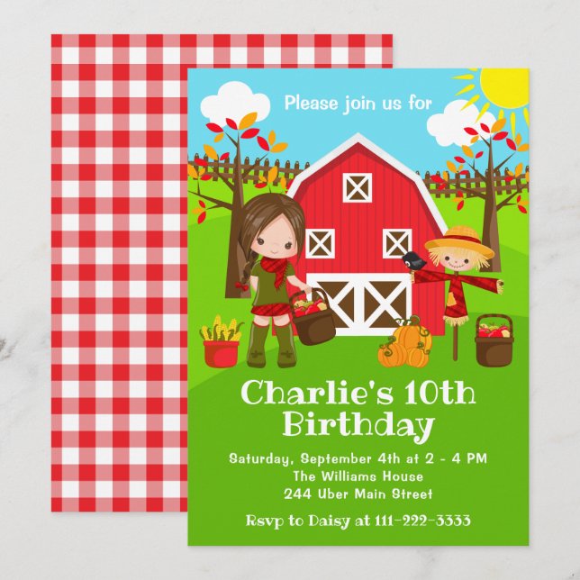 Invitación Otoño Chica de pelo marrón de cumpleaños de Barnya (Anverso / Reverso)