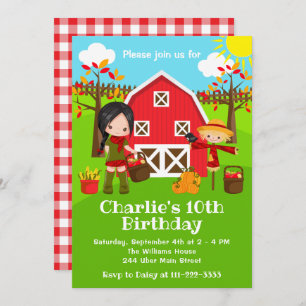 Invitación Otoño Chica de pelo negro en Barnyard Birthday