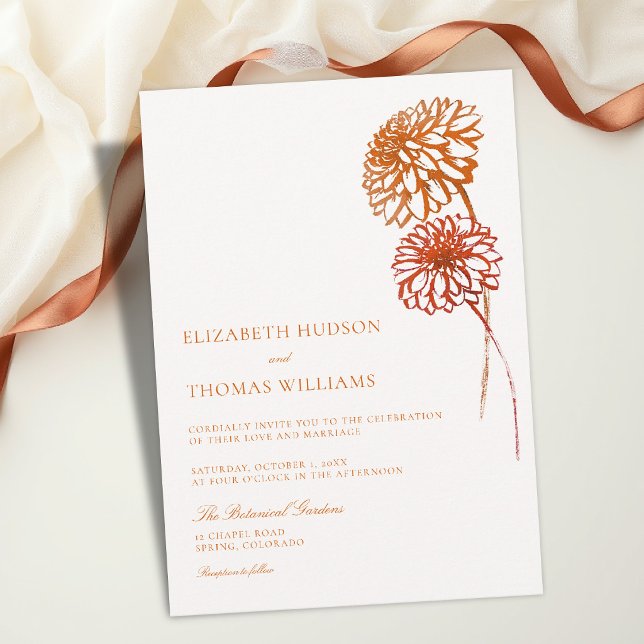 Invitación Otoño Cobre Quemado Boceto Dalias Modernas Boda (fall wedding invitation dahlia floral burnt copper terracotta brown aesthetic template card modern)