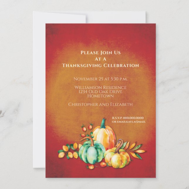 Invitación Otoño Cosecha Calabaza Rustica Acción de Gracias (Anverso)