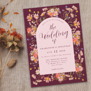 Invitación Otoño de Flor Silvestre Borgoña y Rosa Desmayado B
