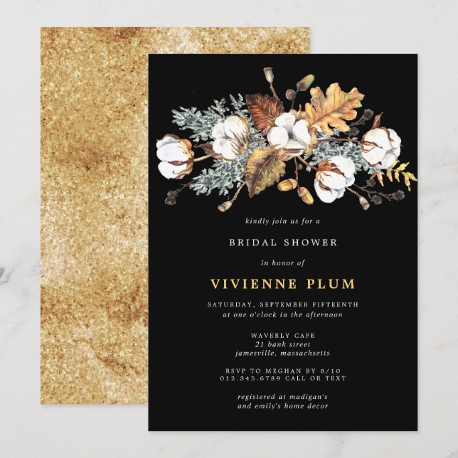Invitación Otoño de Floral Blanca deja ducha de novia dorada (Anverso / Reverso)