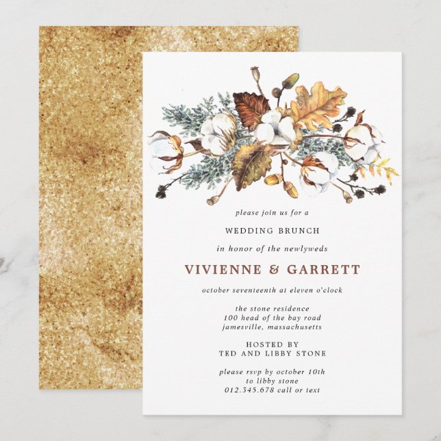 Invitación Otoño deja a Boda Brunch de White Floral Post (Anverso / Reverso)