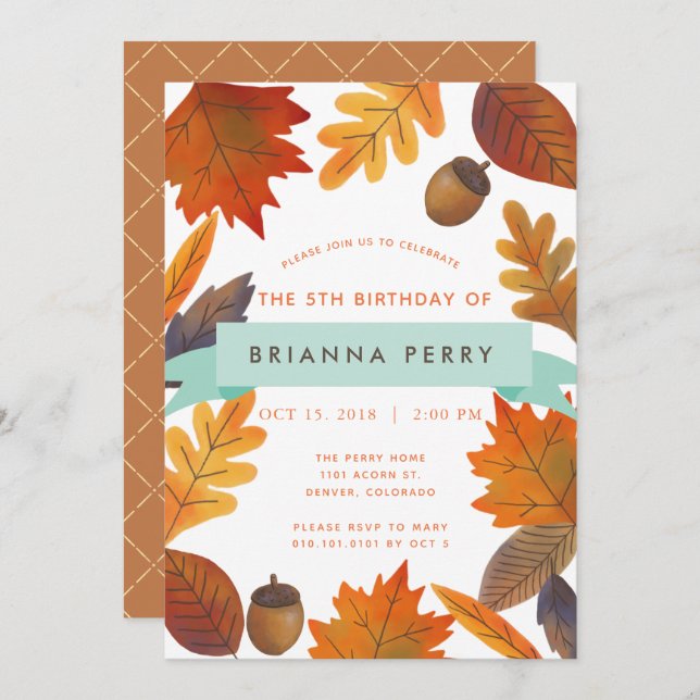 Invitación Otoño deja a los niños con acuarela blanca cumplea (Anverso / Reverso)