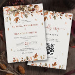 Invitación Otoño deja al país ruso como Boda de Boho<br><div class="desc">Elegante rústico casamiento Invitación a la boda con el código QR rsvp en la parte posterior con hojas de eucalipto marrón,  rojo,  naranja y verde. Comuníquese conmigo para obtener ayuda sobre la personalización o si necesita cualquier otro producto con este diseño.</div>