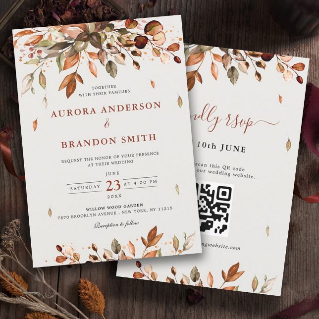 Invitación Otoño deja al país ruso como Boda de Boho (Fall Autumn leaves wedding invitation with QR code RSVP on back)