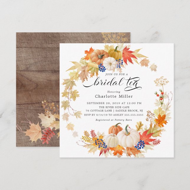 Invitación Otoño deja calabazas té de novia (Anverso / Reverso)