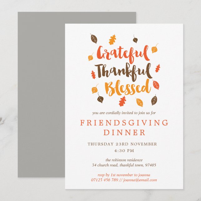 Invitación Otoño deja la cena tipográfica de amistad (Anverso / Reverso)