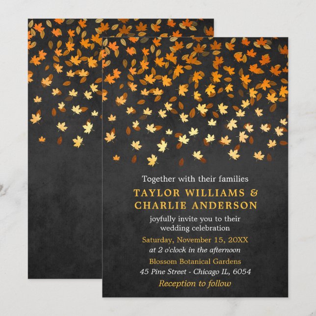 Invitación Otoño deja oro y Boda negro (Anverso / Reverso)