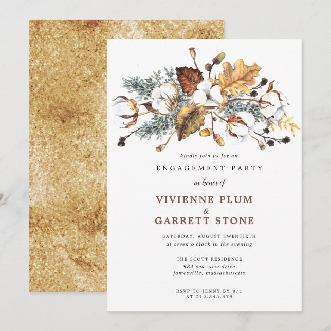 Invitación Otoño deja partido de compromiso floral blanco (Anverso / Reverso)