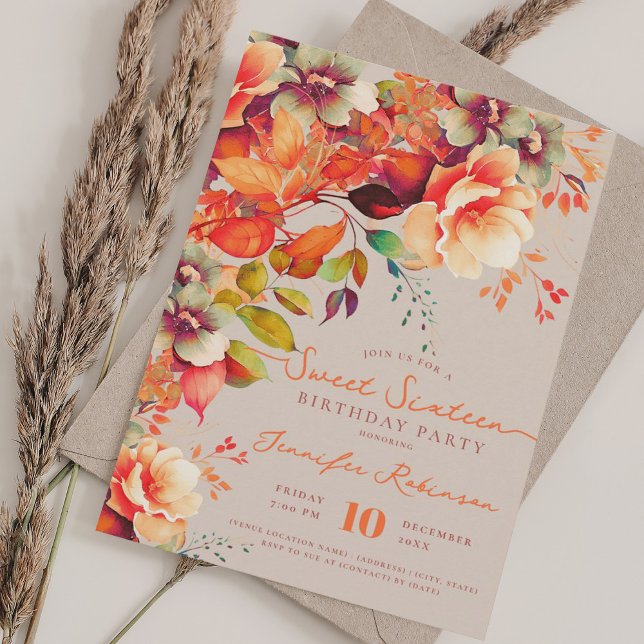 Invitación Otoño Dulce Floral 16 Cumpleaños Champagne (Fall Autumn Floral Sweet 16 Birthday Champagne Invitation)