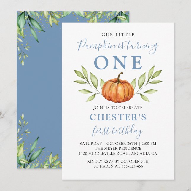 Invitación Otoño Dusty Blue Little Pumpkin Primer cumpleaños (Anverso / Reverso)