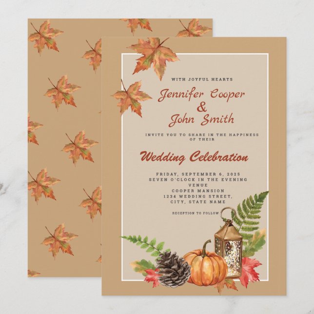 Invitación Otoño elegante Boda de calabaza (Anverso / Reverso)