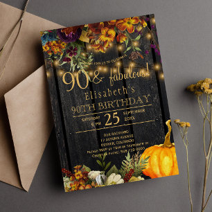 Invitación Otoño elegante floral rústico chic 90 años fabulos