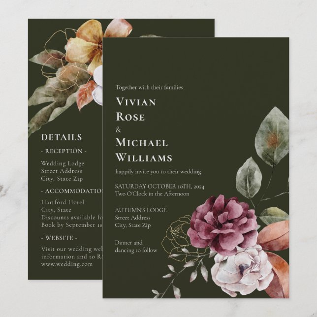 Invitación Otoño Elegante Todo En Un Boda Borgoña (Anverso / Reverso)