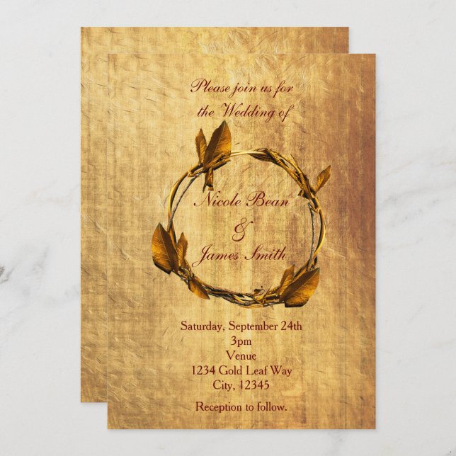 Invitación Otoño Faux Gold Leaf & Stick Wreath Boda (Anverso / Reverso)