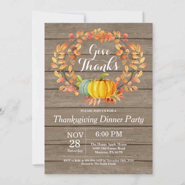 Invitación otoño Fiesta de la cena de Acción de Gracias rústi (Anverso)