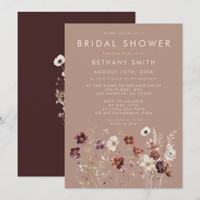 Invitación Otoño Flor Silvestre Meadow Taupe Bridal Shower (Anverso / Reverso)