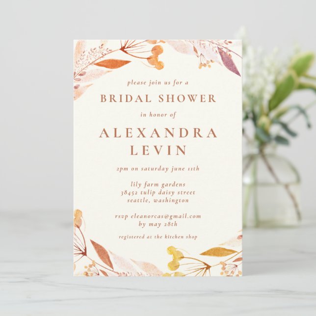 Invitación Otoño Floral acuarela Wreath Boho Bridal Shower (Anverso de pie)