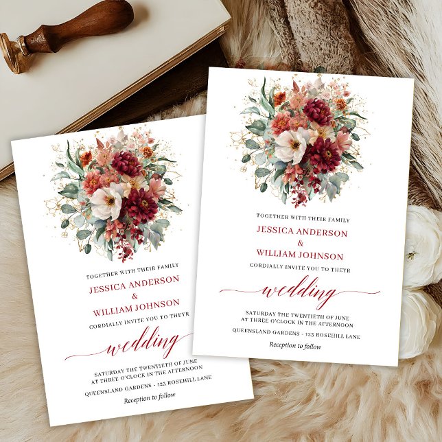 Invitación Otoño Floral Boho Eucalipto Boda Marrón (Autumn Maroon Floral Boho Eucalyptus Wedding Invitation

)